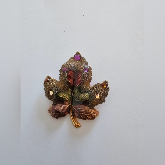 Absolutely gorgeous gold ombre gemstoned textured fall maple leaf brooch luxury! - Picture 5 of 7